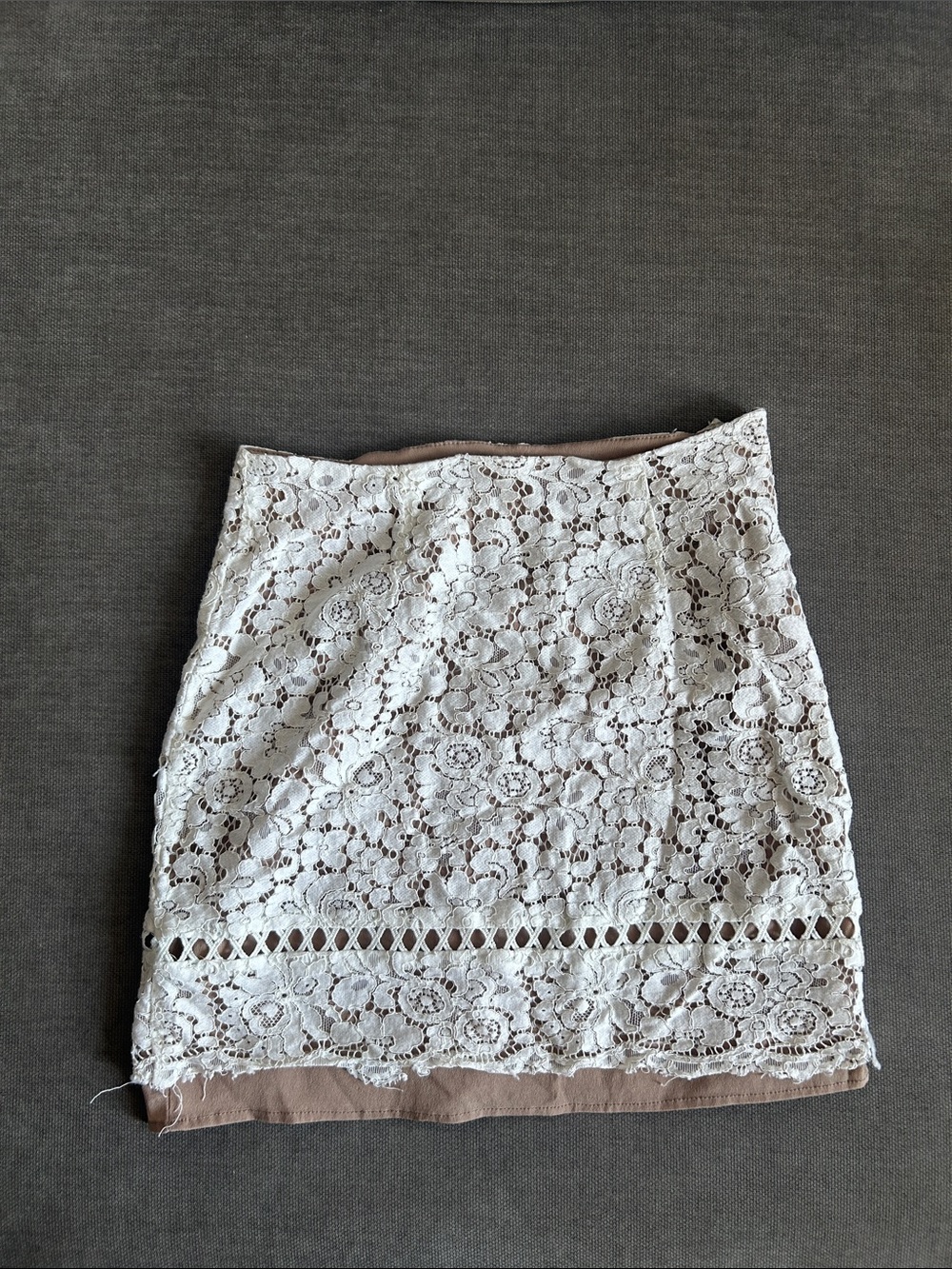 Aqua White Lace Overlay Mini Skirt with Tan Underlayer